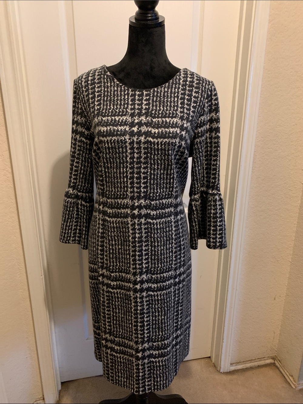 Talbots Black and White Plaid Midi Dress with Bell Sleeves